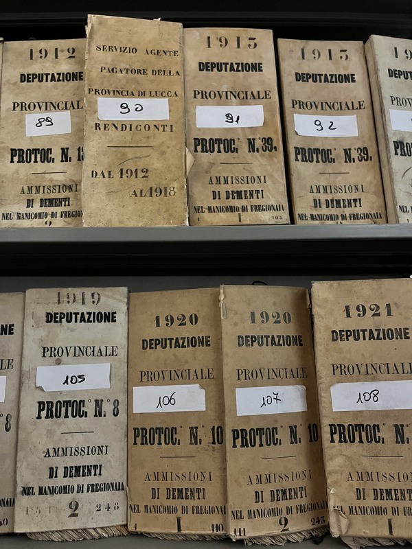 Faldoni dell'Archivio storico provinciale riguardanti la serie archivistica "Ammissioni di dementi nel Manicomio di Fregionaia"